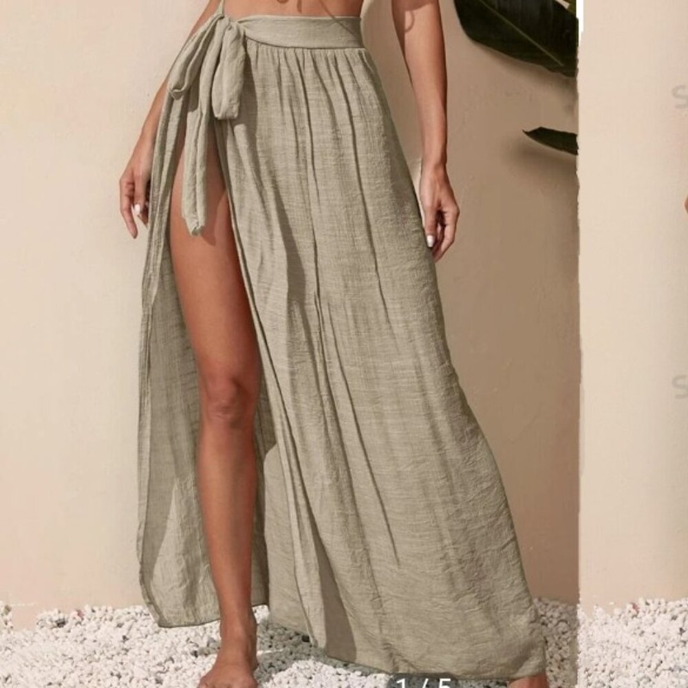 Beach Cover Up Wrap Skirt Knot Waist in Khaki